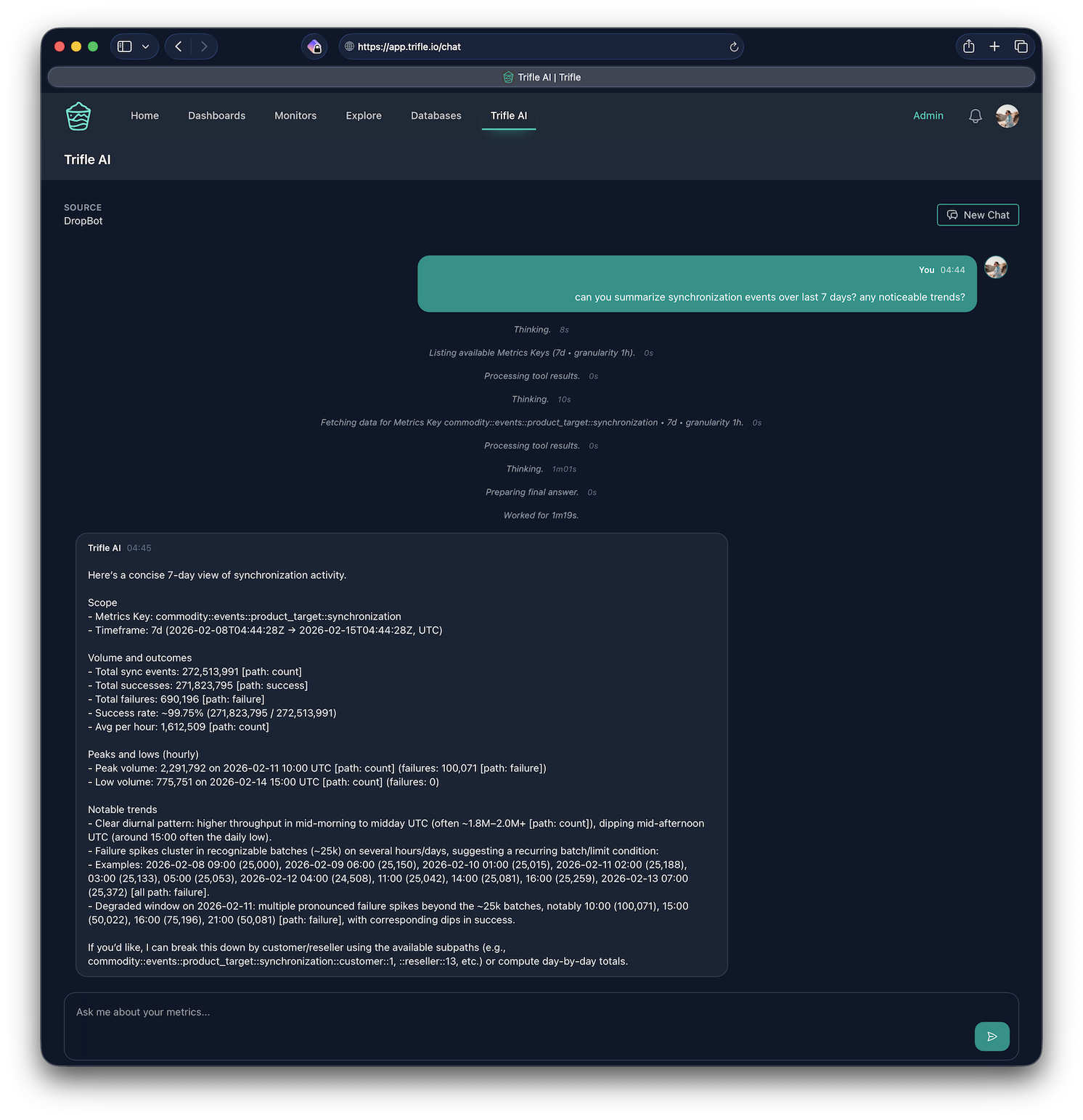 Trifle AI chat analyzing synchronization metrics and trends